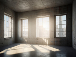 Empty sunny industrial premises, workshop, room with concrete walls and large windows.