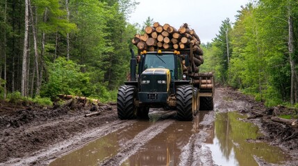 A yellow tractor hauling a load of logs on a muddy forest road.