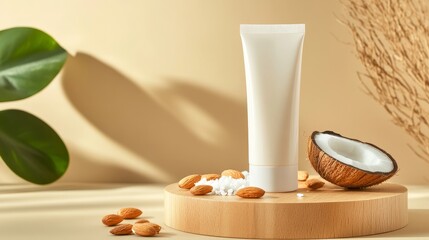 High-res product photo of exfoliating scrub tube on wooden platform with crushed almonds and coconut flakes, minimalist style, clean background.