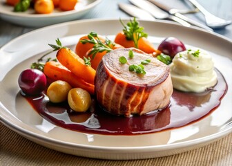 Minimalist Pork Steak Wrapped in Parma Ham with Gravy, Baby Carrots, Mashed Potatoes, and Baked Beetroot Slices on a Clean Plate