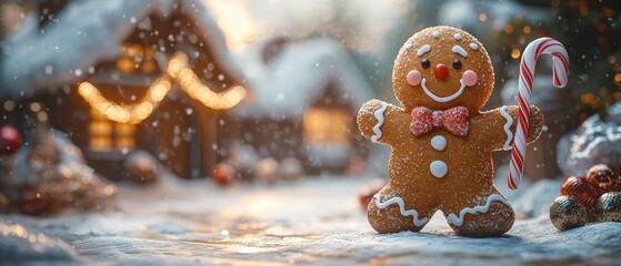 A charming gingerbread man with a pink bow tie holds a candy cane, surrounded by a snowy landscape and cozy winter setting, perfect for festive holiday themes.