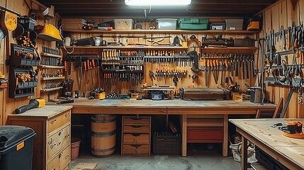 A well-organized woodworking workspace with labeled tools.