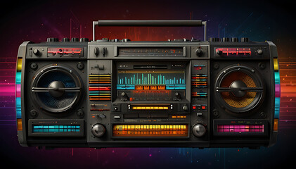 Fototapeta premium A vintage boombox with colorful, pulsating equalizer bars around it, capturing the energy and excitement of retro music culture.