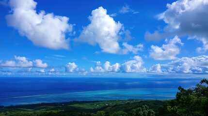 Obraz premium The captivating combination of a blue sky with fluffy white clouds, the vast expanse of the sea, and the vibrant green plants, enjoy the tranquility of nature.Generative AI