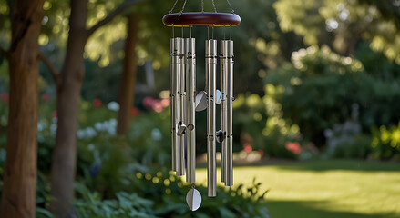  Wind chimes gently swaying with soft musical notes floating around in a peaceful garden, symbolizing tranquility and calm sound.