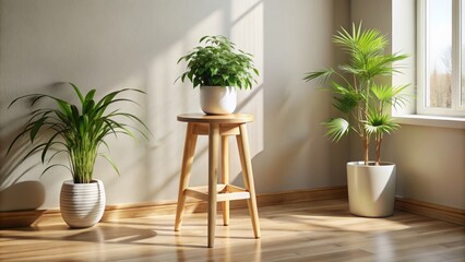 Modern Minimalist Wooden Stool with Potted Plant in Cozy Interior Setting for Home Decor Inspiration