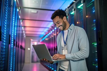 IT engineer using a laptop in a server room.