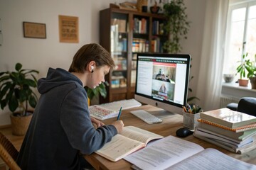 Obraz premium Student studying at a desk with a computer.