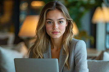A woman with long blonde hair is sitting at a table with a laptop, wearing a gray blazer