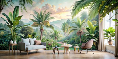 Fototapeta premium Serene Wall Mural with Banana Tree Wallpaper Design in Pastel Tones and Tropical Landscape for a Calming Home Decor Atmosphere