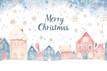 Cute Christmas houses in the snow, pastel colors, with text "Happy New Year", paper cut style, simple background