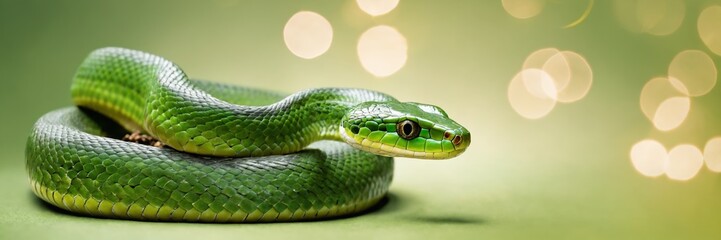 Fototapeta premium Green snake portrait against bokeh background