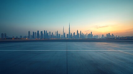 Obraz premium Manhattan, Dubai, Shanghai, and Hong Kong City Centers with Platforms, Roads, Parking Lots, and Brick Pavements for Car Advertisement Background