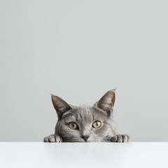 Obraz premium Grey cat peeking over white surface against grey background