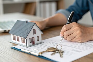 Fototapeta premium House model with keys and paperwork for real estate.