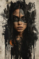 A woman with dark hair and makeup, wearing a black and white face paint, looking directly at the camera