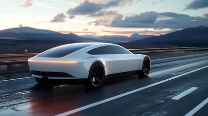 A sleek modern electric car cruising down a highway with mountains visible in the distance.