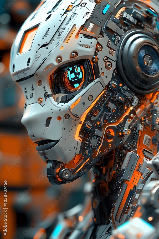 Poster a futuristic robotic face with intricate circuitry and glowing elements.