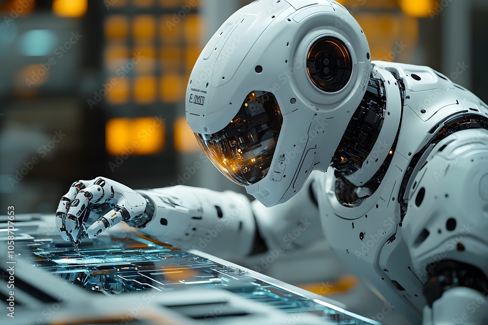 Poster a futuristic robot examining a complex control panel in a high-tech environment.