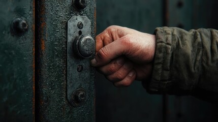 A close-up image of a hand gripping a vintage door handle, ready to turn and open a door, evoking curiosity and anticipation.