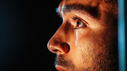 Obraz premium A close-up of a man's face with a tear rolling down his cheek, capturing an emotional moment in low light, evoking feelings of sadness and introspection.