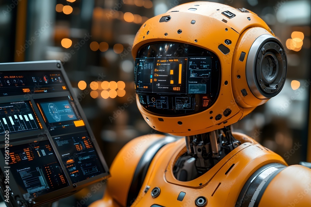 Poster a futuristic robot with an orange exterior displays digital interfaces and data screens.