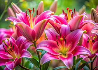 Fototapeta premium Stunning Pink Lily Flowers Close-Up in Panoramic Photography - Vertical Shot Capturing Nature's Beauty and Delicate Petals