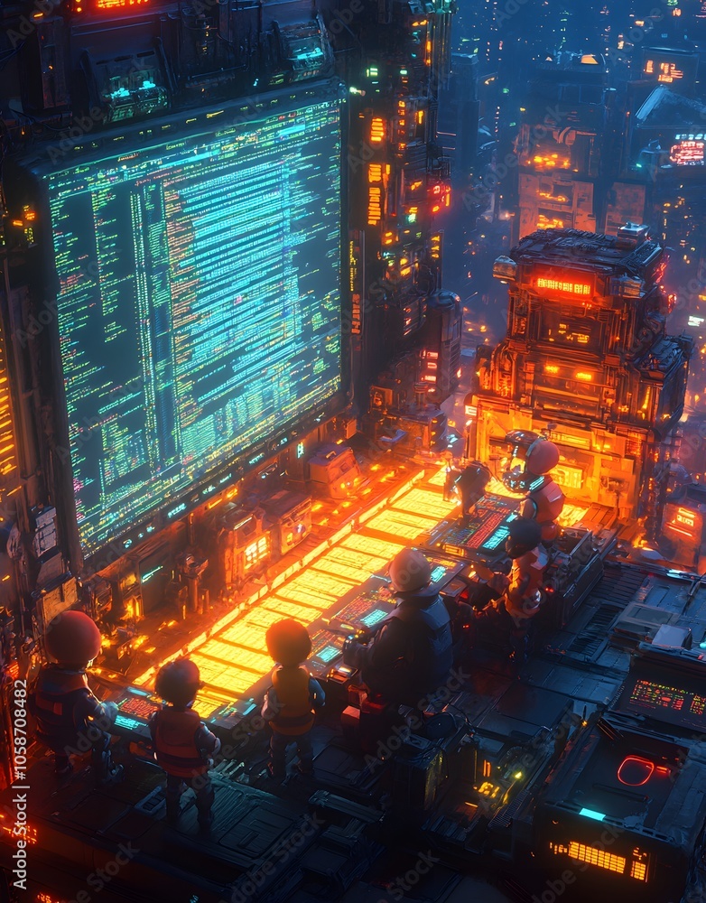 Poster a futuristic scene showing characters interacting with a large digital interface in a neon city.