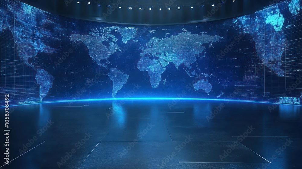 Poster a futuristic, empty studio with a large digital map of the world on the curved wall, illuminated by 