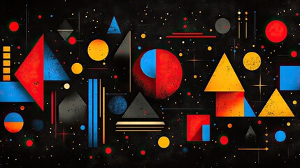 vibrant pattern featuring triangles, squares, circles, and lines in abstract geometric shapes against black background