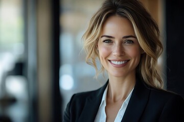 Fototapeta premium Confident Businesswoman Smiling in Black Blazer