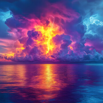 Vivid Illustration - Epic Sunset Thunderstorm Over Ocean