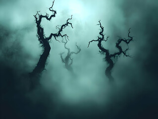 Illustration of Dark Gnarled Trees in Fog Background