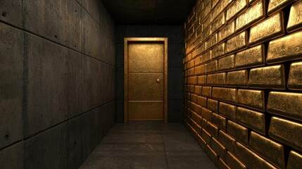 A dimly lit corridor featuring a stylish golden door and textured brick walls, creating a modern and inviting atmosphere.
