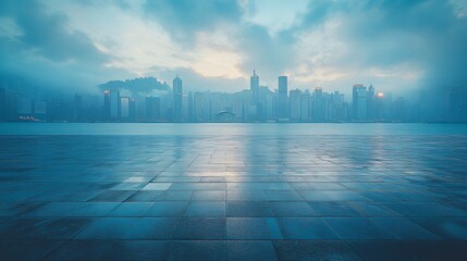 Fototapeta premium Manhattan, Dubai, Shanghai, and Hong Kong City Centers with Platforms, Roads, Parking Lots, and Brick Pavements for Car Advertisement Background