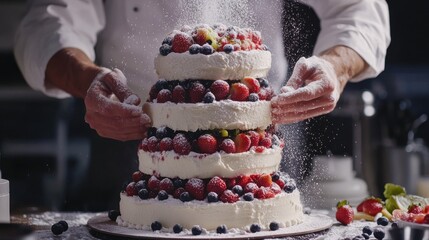 A baker decorates a four-tiered wedding cake with powdered sugar and fresh berries.