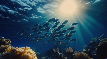 Obraz premium Underwater scene with fish swimming through coral, illuminated by sunlight.