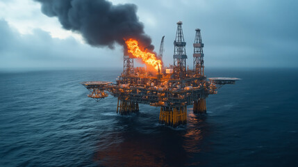 Offshore oil platform with a large flare and black smoke over the ocean under cloudy skies
