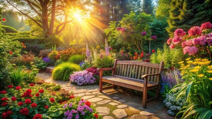 Tranquil Outdoor Retreat with Wooden Bench Amidst Colorful Flowers and Lush Greenery for Peaceful Garden Scene