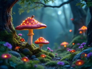 Whimsical fairytale forest with glowing mushrooms, tiny creatures, and a magical, dreamlike atmosphere