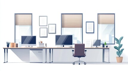 Modern office interior with three workstations, two windows, and a plant.