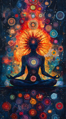Cosmic Meditation Illustration - Woman in Lotus Pose with Chakras