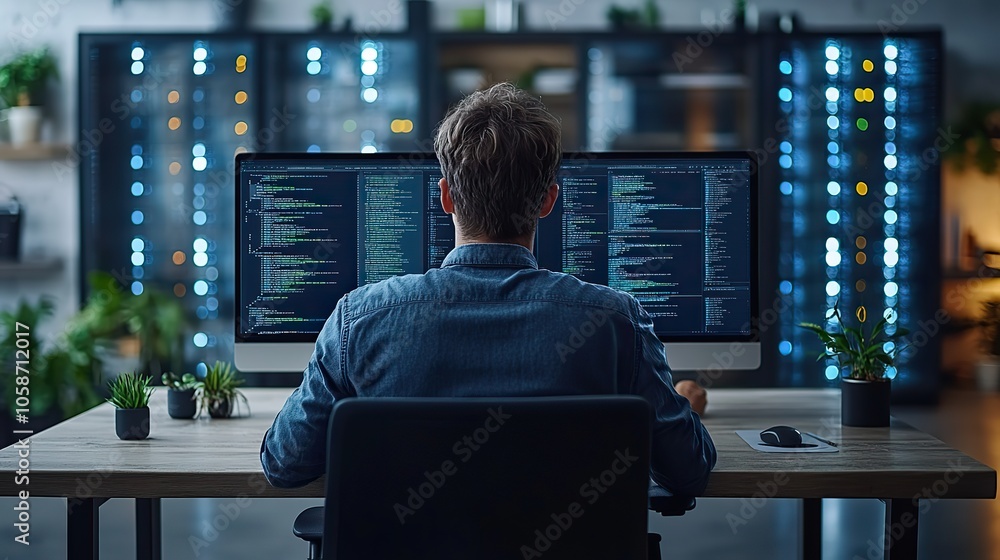 Poster web host working at desk with server racks behind him, with clean white background and soft blue acc
