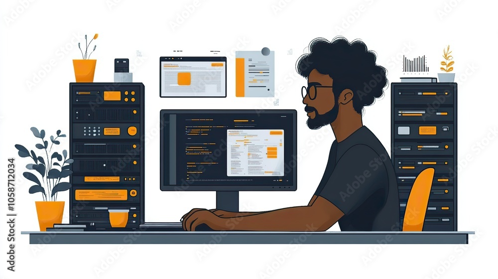 Poster web host working at desk with server racks behind him, with clean white background and soft blue acc