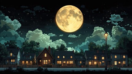 Naklejka premium whimsical cartoon illustration of houses at night, lit by street lamps in quiet neighborhood