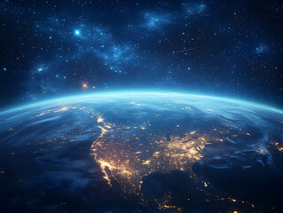 Earth Illustration: North America at Night with Galaxy Background