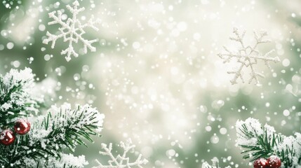 Minimalist Christmas card with snowflakes, a touch of red and green decor, and a soft, elegant white background. 