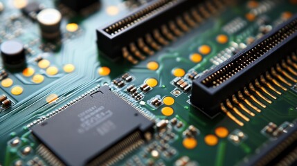 Close-up of a circuit board showcasing electronic components and connections.