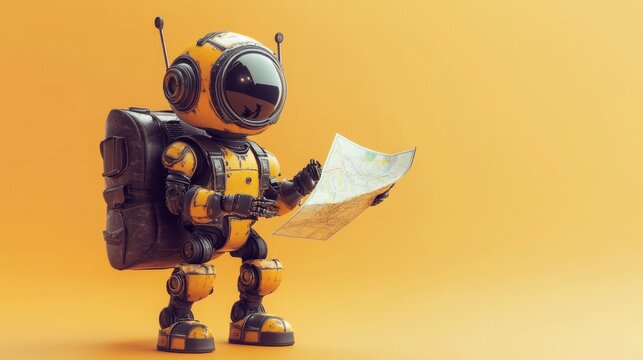 A robot is holding a map and wearing a backpack
