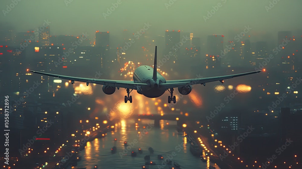 Poster white airplane flying over the city with soft bokeh effect in the background